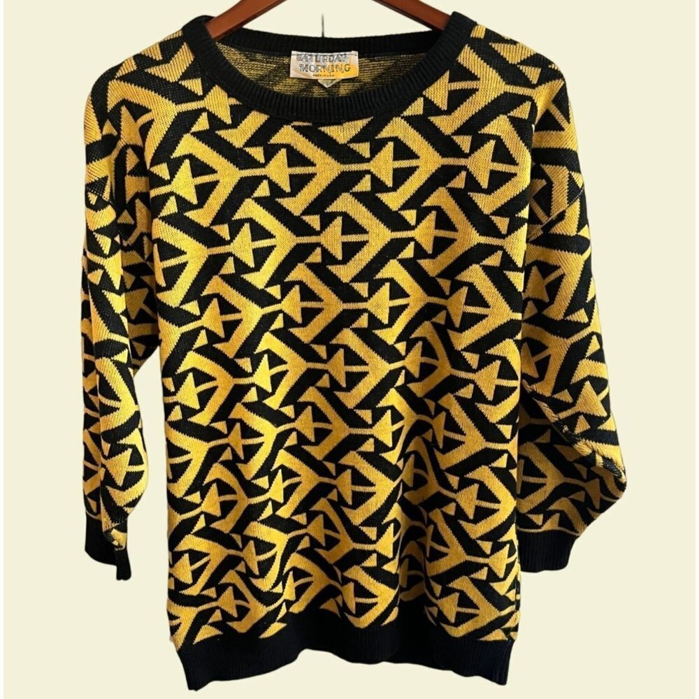 Vintage Womens L 90s Crop Top Sweater Yellow‎ Black Retro Pullover Acrylic USA